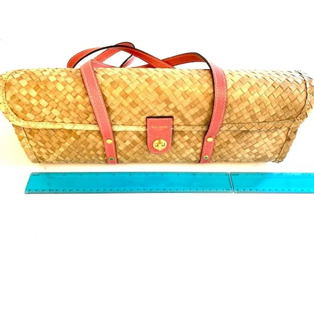 Kate Spade Wine / Picnic Basket shoulder bag Straw Wicker Rattan Pink trim - Picture 8 of 10